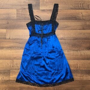 Betsey Johnson Size 4 Vintage Y2K 100% Silk Cobalt Blue Lace Trim Dress USA Made